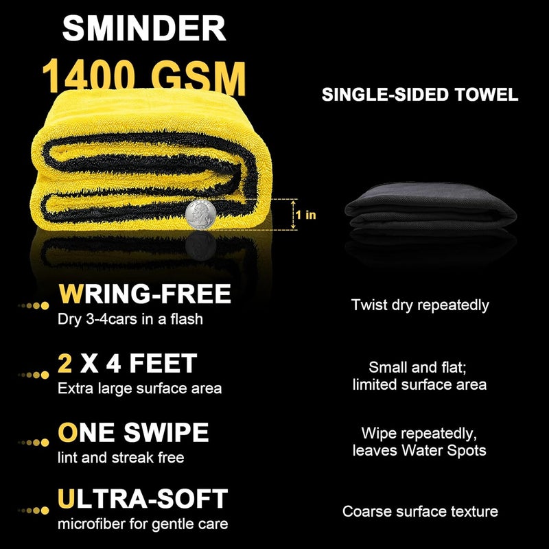 SMINDER 1400 GSM Car Drying Towels – Microfiber Towels for Cars (48" x 24"), Ultra-Absorbent, Streak-Free, Scratch-Free, No Water Spots, Double-Twist Pile & Edgeless Design - Image 4